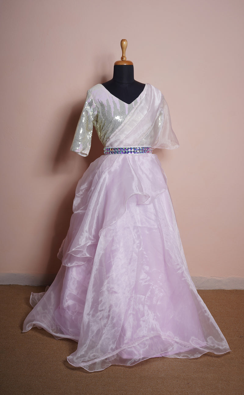 Light Pink Organza and Dual Colour Sequin with White Stone Belt Women Reception Dress