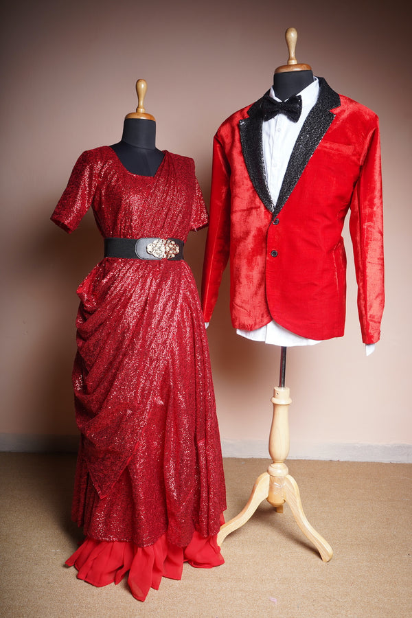 Red Velvet and Plain Red and Black Sequin with White Cotton Shirt Couple Clothing