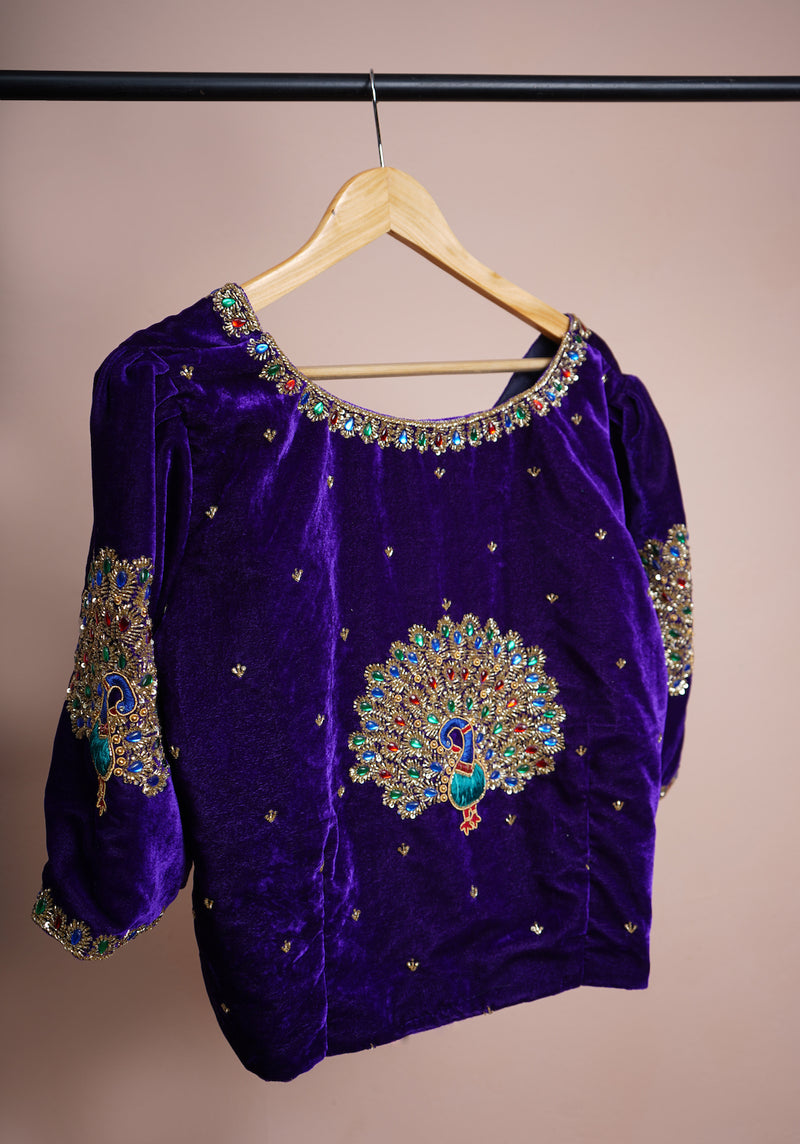 Violet Velvet Womens Blouse with Special Peacock Embroidery work