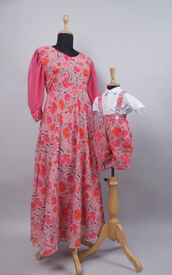 Pink Floral Printed Georgette Mom and Son Combo Matching Set