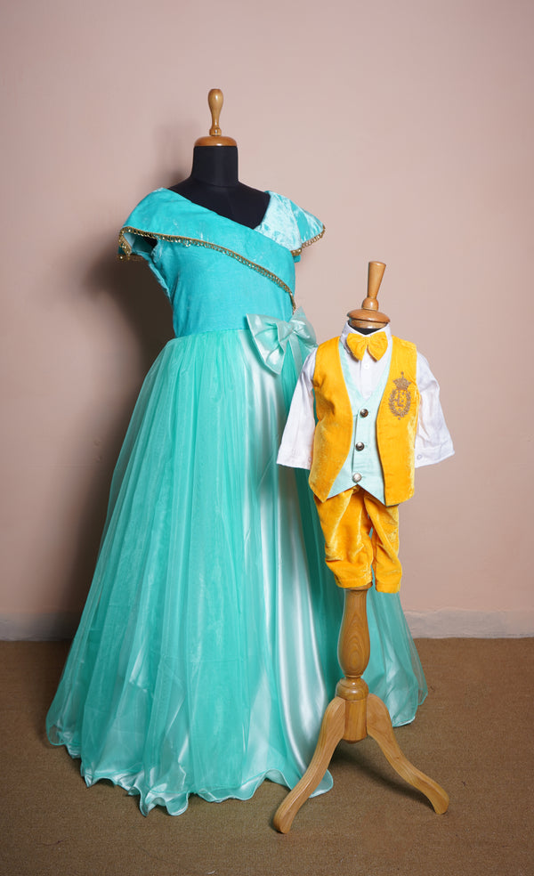 Aqua Green Velvet and Yellow Velvet with Speacial Embroidery Work in Mom and Son Combo