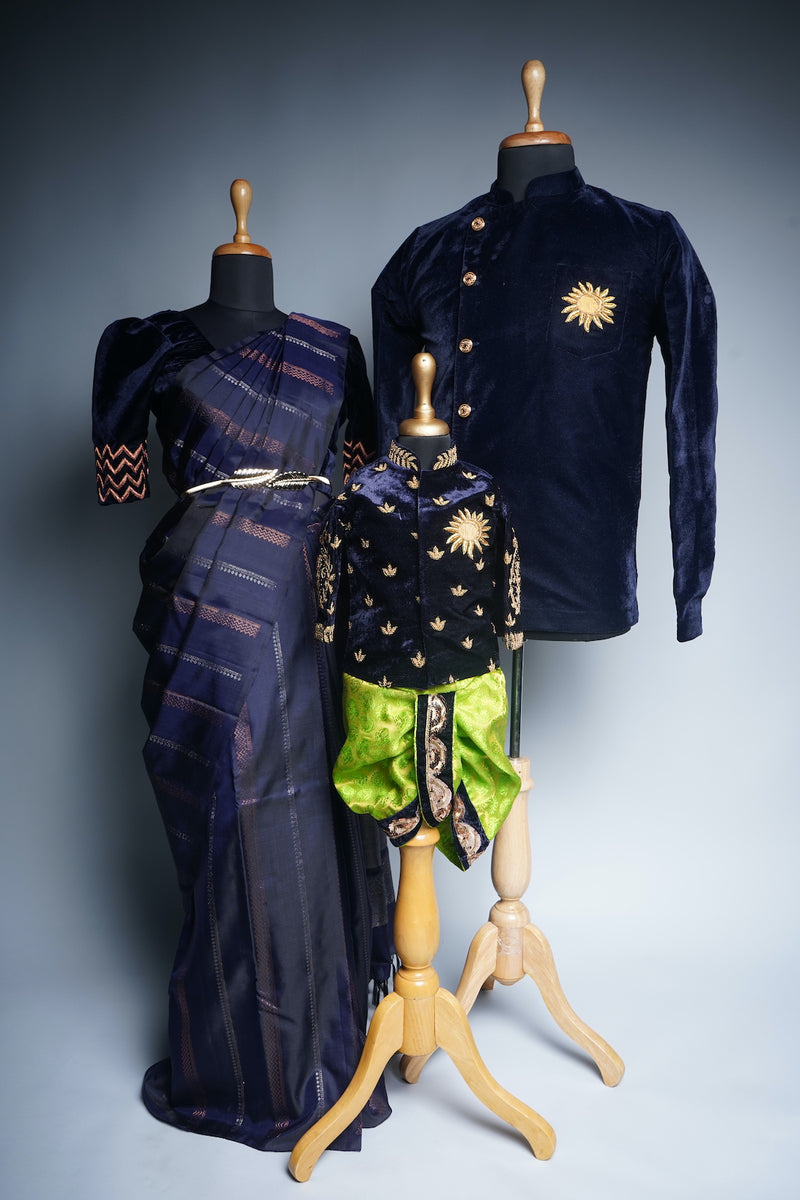 Navy Blue Velvet and Green Brocade and Silk Saree with Special Embroidery work in Family Clothing