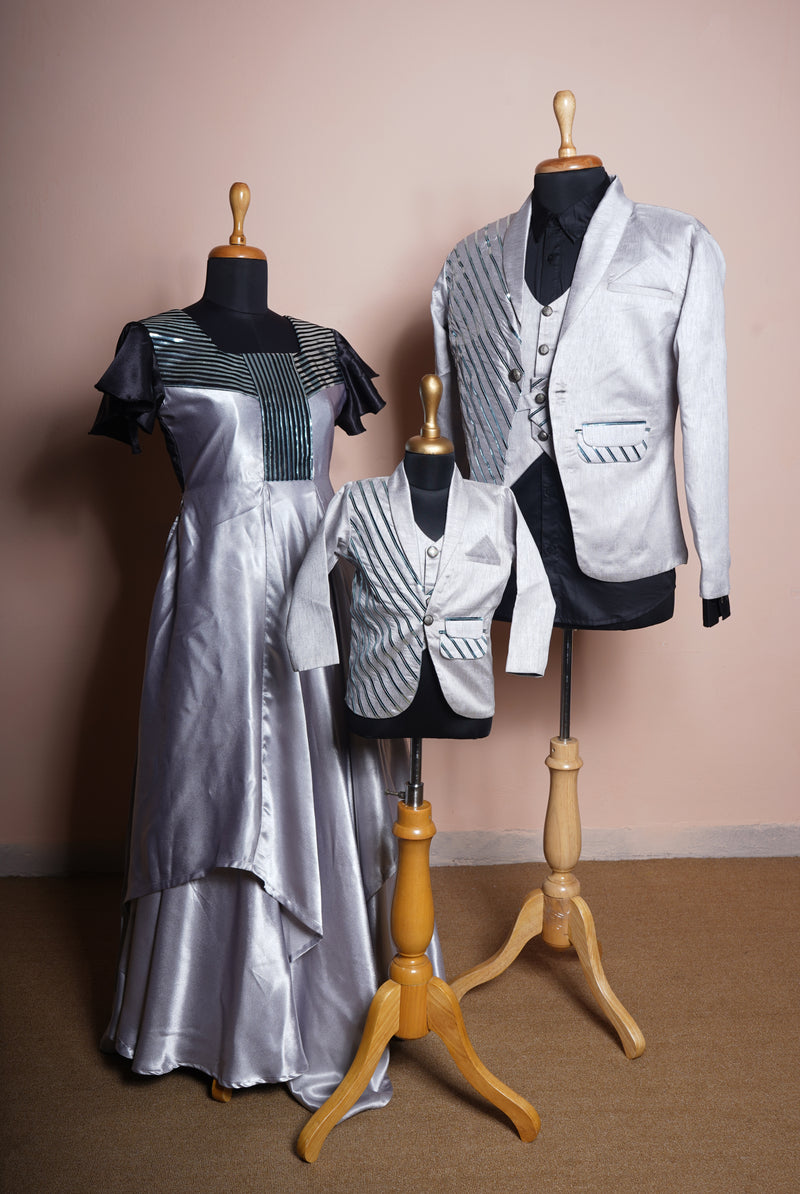 Silver Satin and Rawsilk with Special Metal Stripes Work in Family Clothing