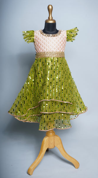 Peach Embroidered Grand Fabric and Green Sequin Embroidery Net Girl kid Birthday Dress