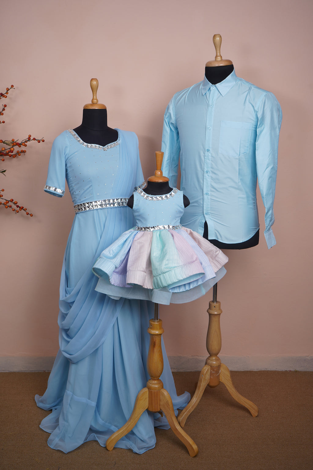 Sky Blue Family Matching Outfit Set – Draped Gown, Shirt & Rainbow Baby  Frock – Anveshana Clothing