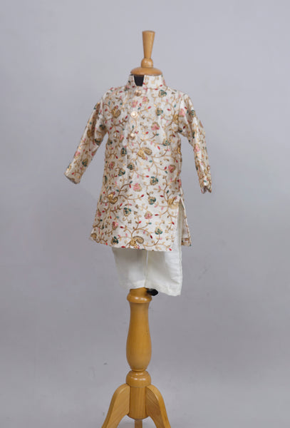Half White Zari Embroidered Kurta For Boys
