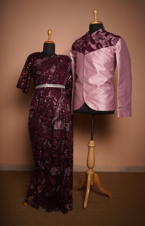 Light Purple Rawsilk and Fancy Embroidery net Couple Clothing