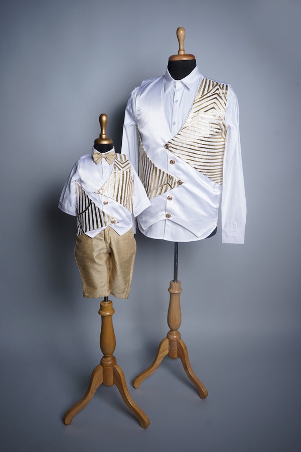 White Satin and Gold Striped Kali with Dad and Son Combo Set