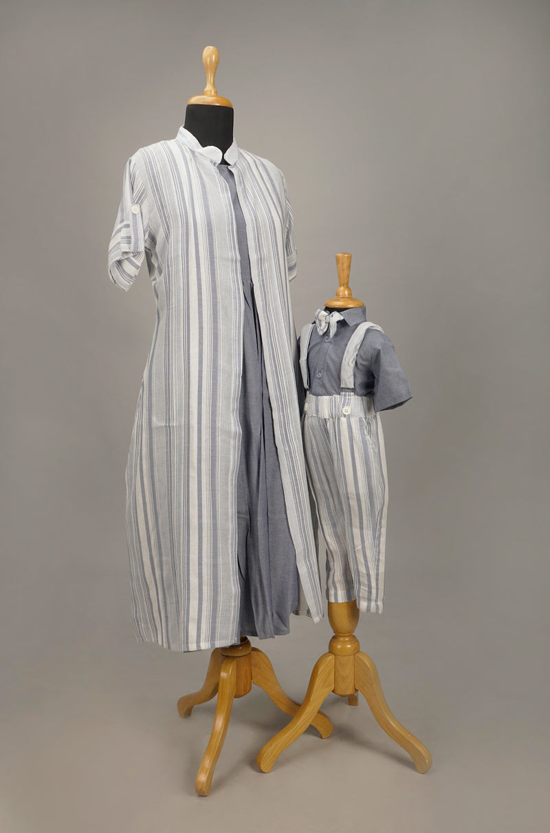 Grey with White Stripe Mom & Son Combo Matching Set