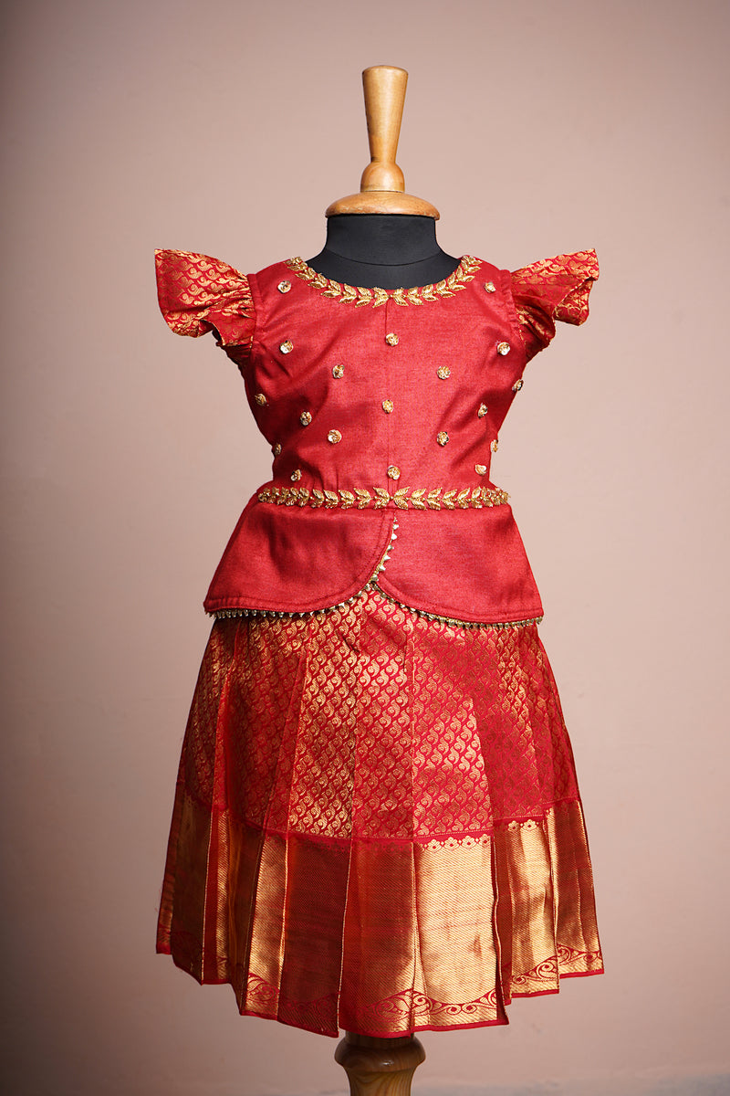 Red Tissue and Silk with Special Embroidery work in Girl kid Traditional Wear
