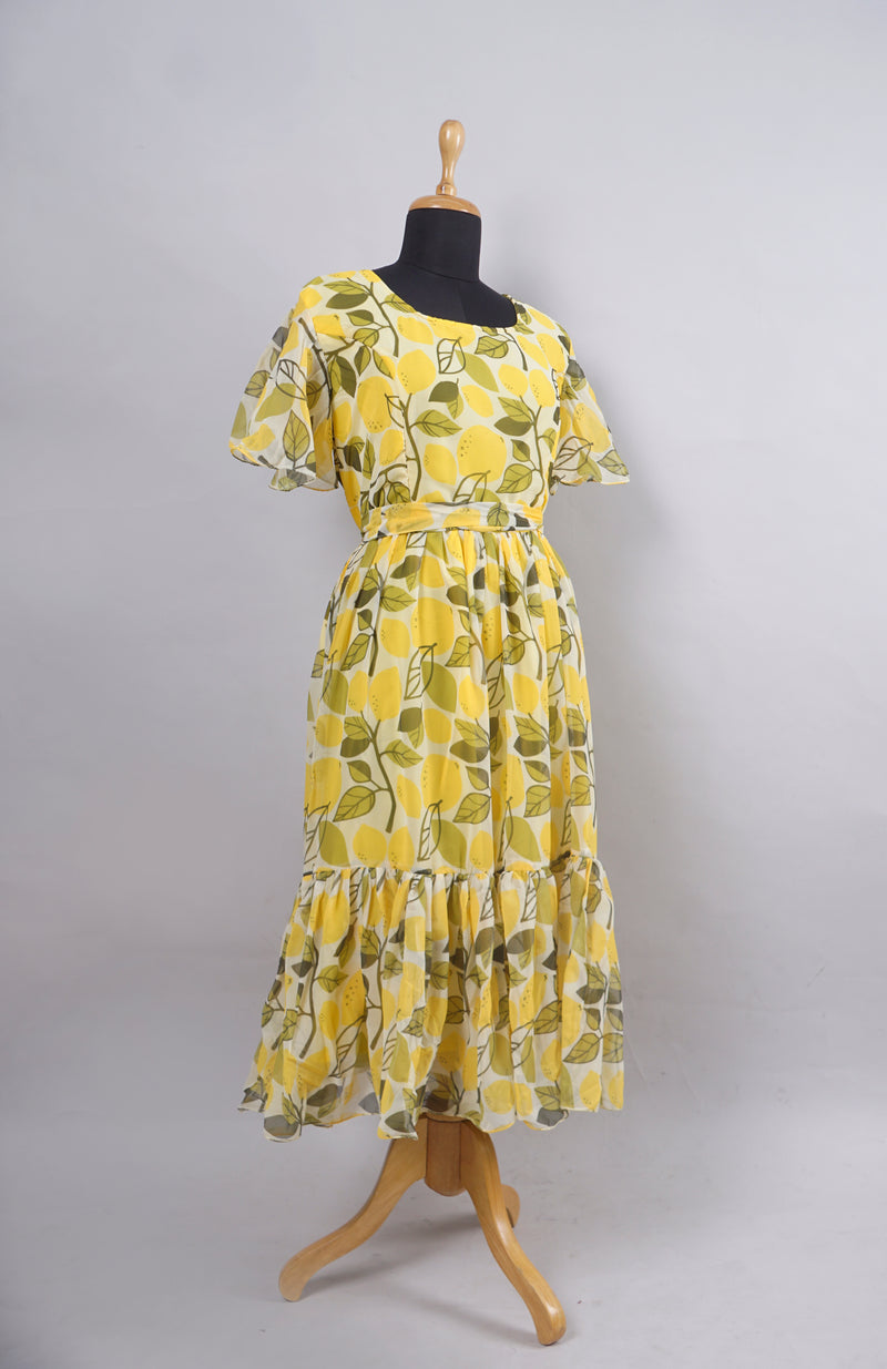 Yellow Lemon Printed Georgette Women Dress