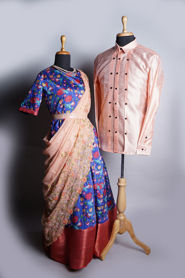 Blue Kalamkari and Peach colour Rawsilk Couple Clothing