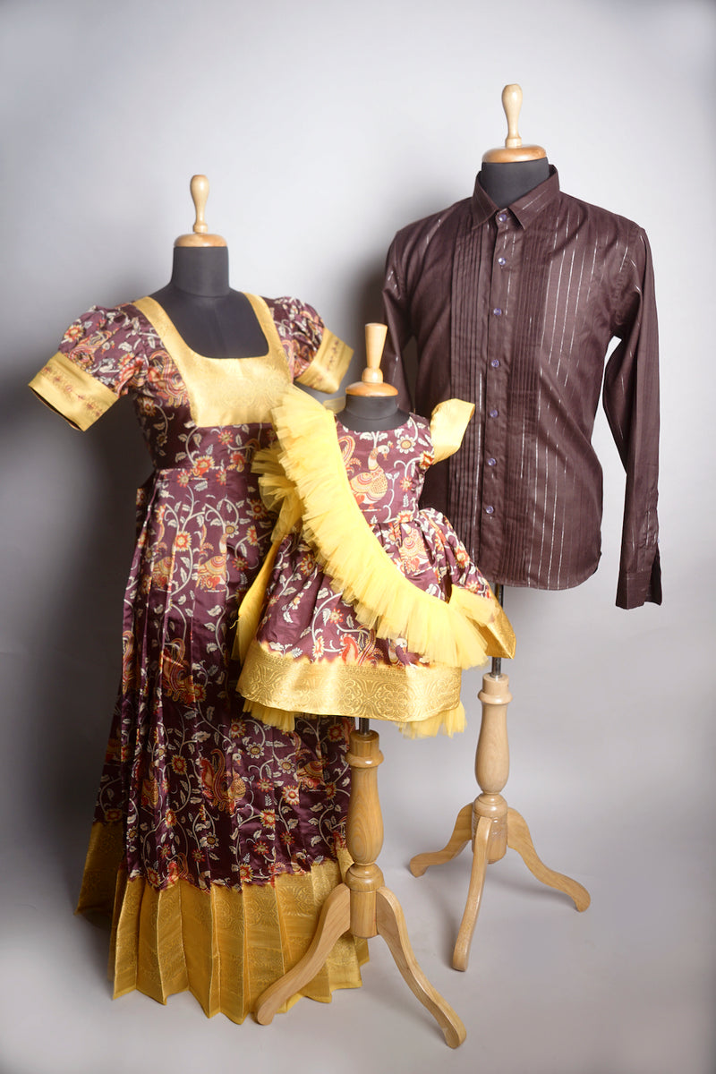 Brown Kalamkari with Yellow Border Set in Family Clothing