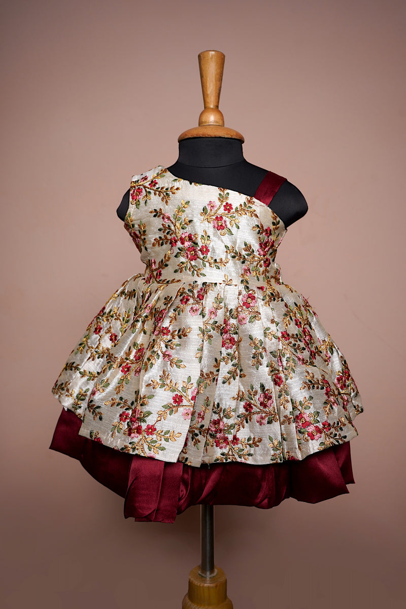 Half White and Red Floral Embroidery Grand Fabric with Plain Satin Girl kid Birthday Wear