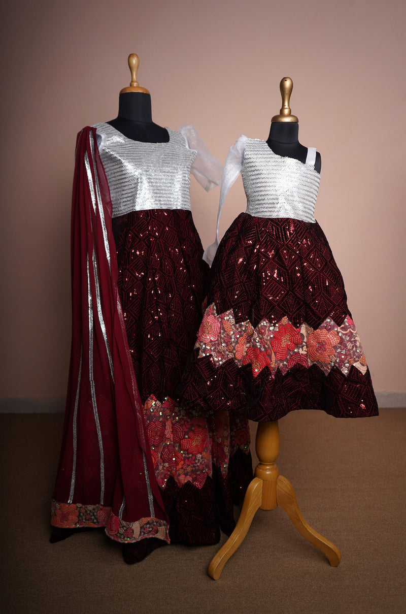 Maroon Sequin Embroiderded Velvet and Embroidered Kali and Plain Georgette with Special Stone work in Mom and Daughter combo