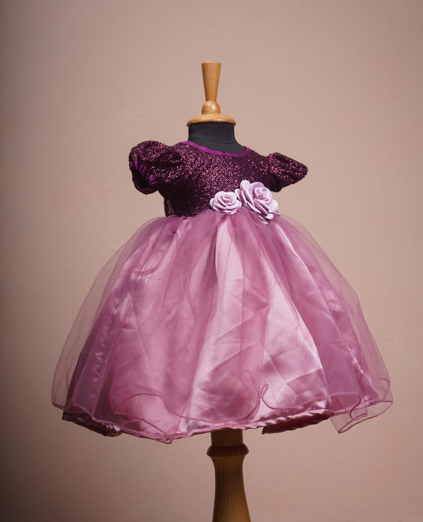 Dark Purple Sequin and Plain Net with Flower Work in Girl kid Birthday Dress