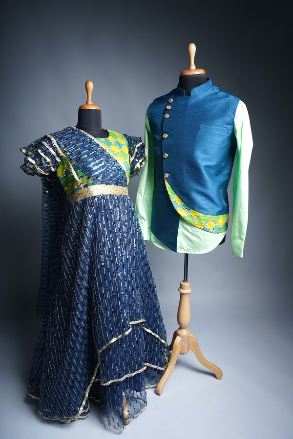 Green and Yellow Embroidered Grand Fabric with peacock Blue Sequin Embroidery net Rawsilk Couple Clothing
