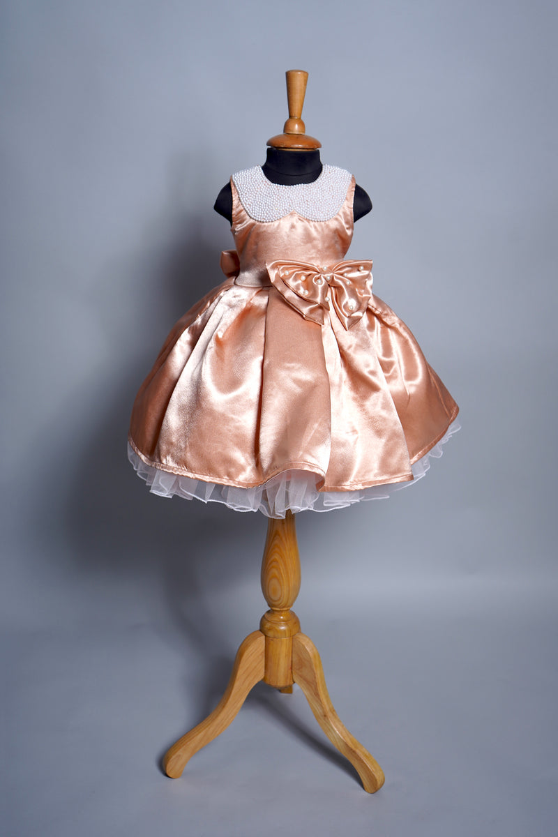Peach Satin with Speacial Embroidery work in Girl kid Birthday Dress