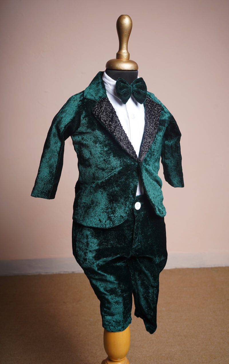 Bottle Green Velvet and White Cotton Shirt with Speacial Embroidery Collar Work in Boy kid Birthday Dress