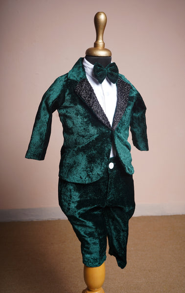 Bottle Green Velvet and White Cotton Shirt with Speacial Embroidery Collar Work in Boy kid Birthday Dress