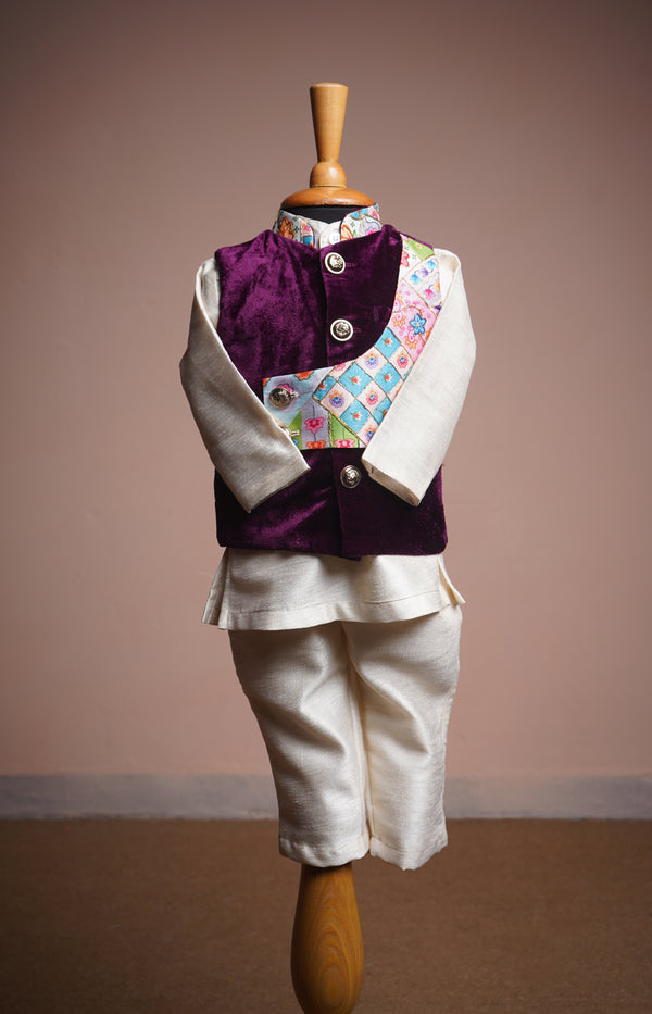 Purple Velvet and Embroidered Grand Fabric and Rawsilk Boy Kid Birthday Wear