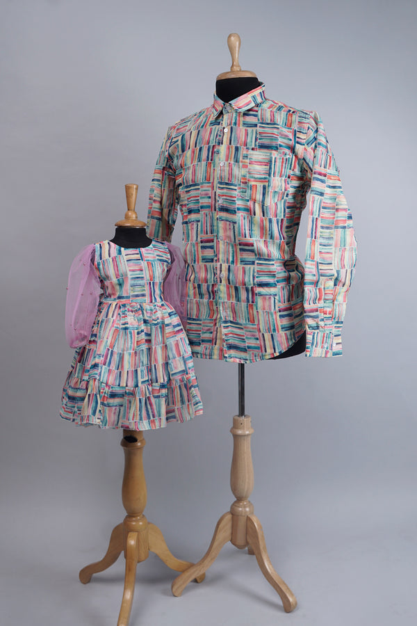 Multicolour Geomentical Stripe Dad and Daughter Combo Matching Set