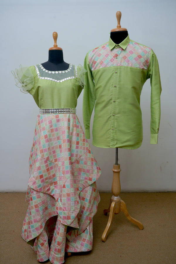 Embroidered Multi Colured and Green Couple Clothing