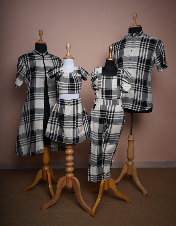 Black Checked Half White Cotton Summer Family Clothing