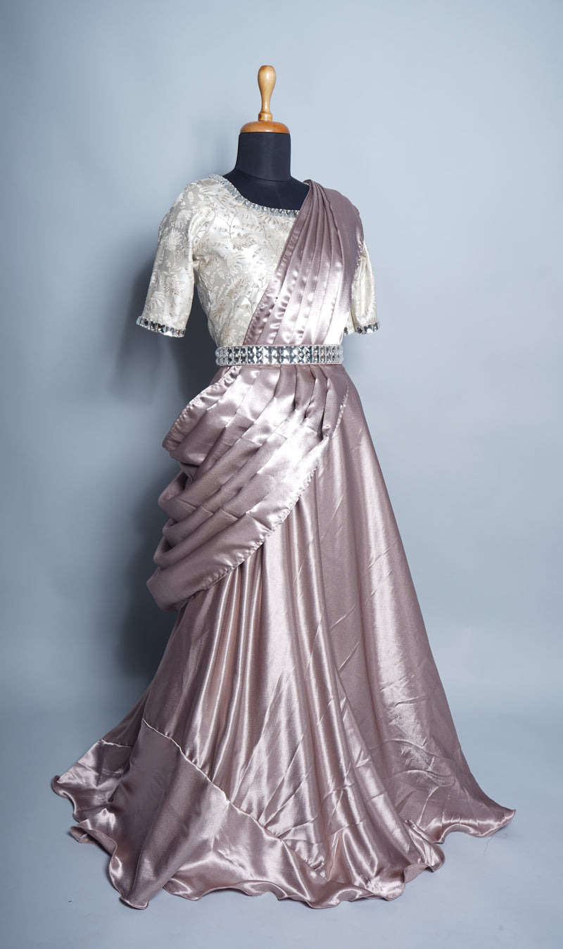 Norman Rose Satin and Jaquard with  White Stone Belt  Womens Reception Wear