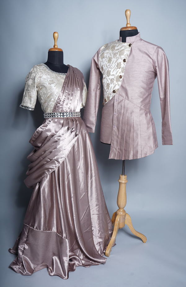 Norman Rose Satin and Rawsilk  and Jaquard With White Stone Belt Couple Clothing
