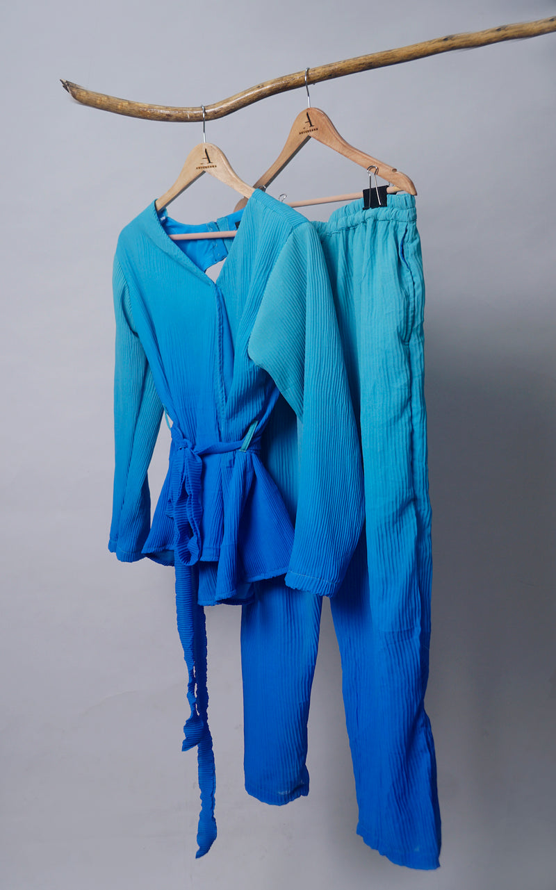 Blue Pleated Georgette Set Dress For Women