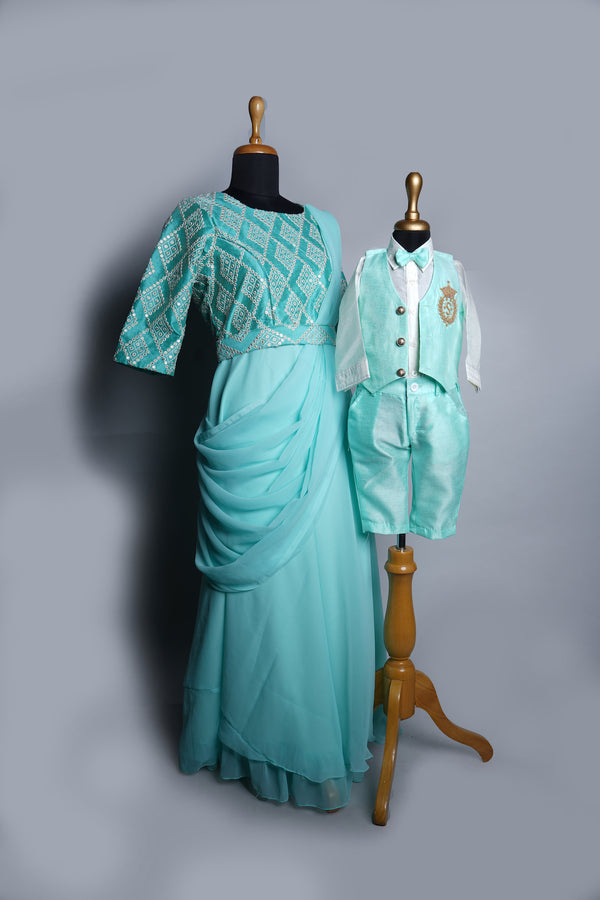 Aqua Green Plain Georgette and Rawsilk with Crown Work in Mom and Kid Combo