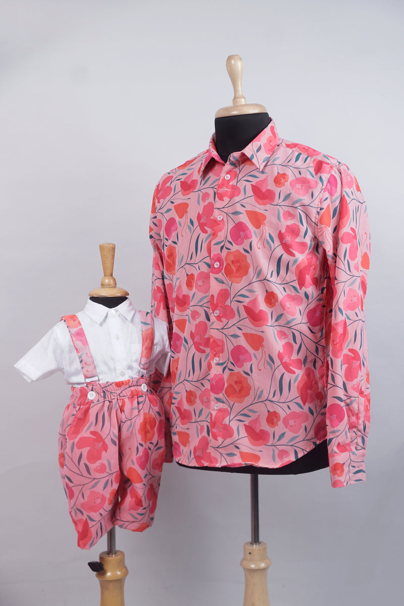 Pink Floral Printed Georgette Dad and Son Combo Matching Set