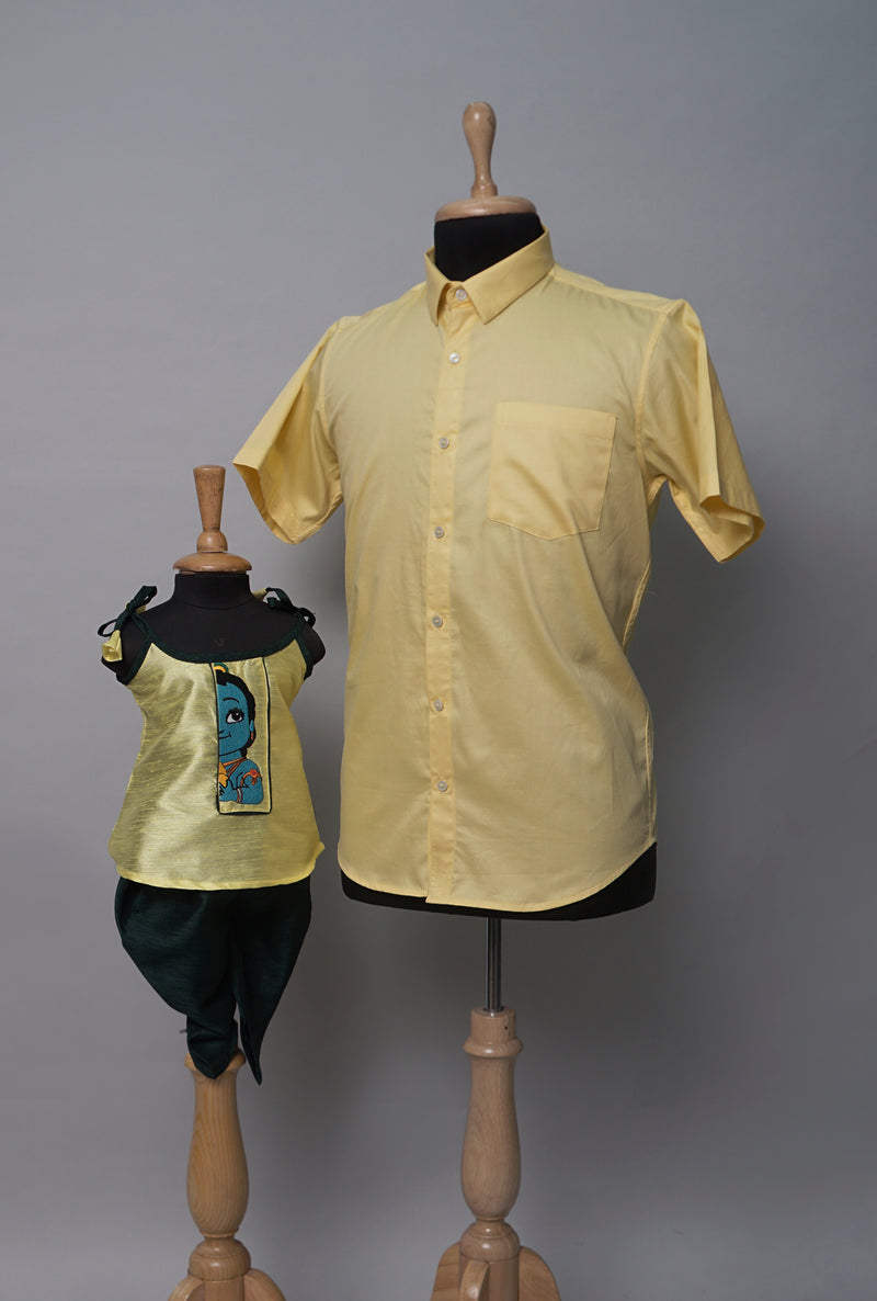 Yellow Krishnan  Embroidered Dad and Daughter Combo Matching Set