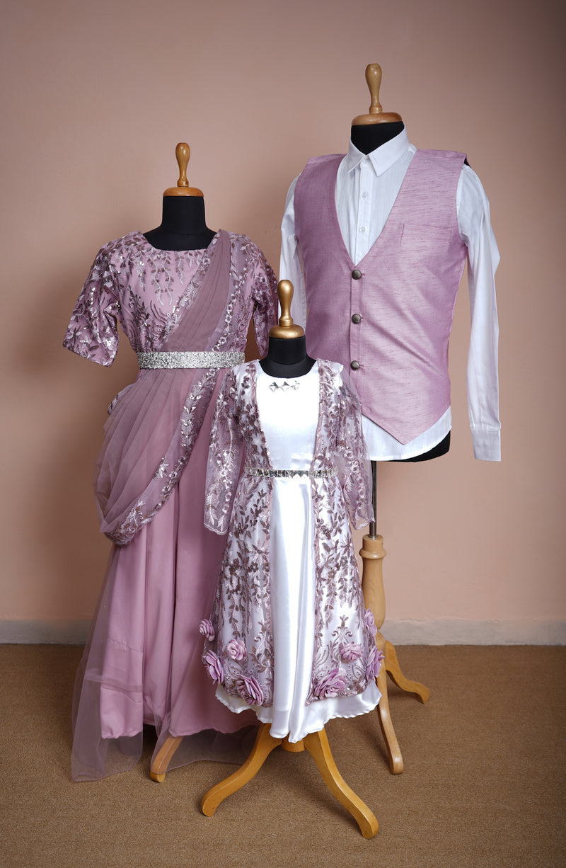 Lilac Fancy Embroidery net and Rawsilk and White Satin and Special Stone work Family Clothing