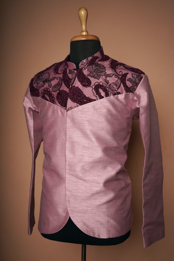 Light Purple Rawsilk and Fancy Embroidery net Mens Coat