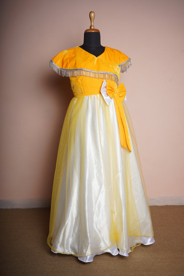 Yellow Velvet and Plain Net with Lace work Womens Reception Dress