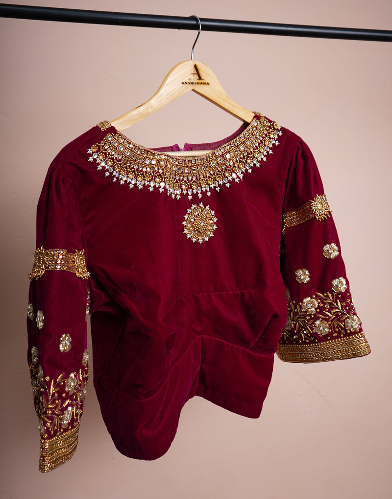 Maroon Velvet  Womens Blouse with Special Embroidery work