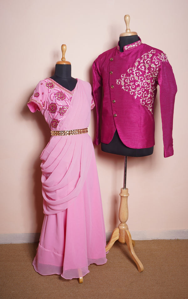 Dark Pink Rawsilk and Light Pink Plain Georgette with Speacial Embroidery work in Couple Clothing