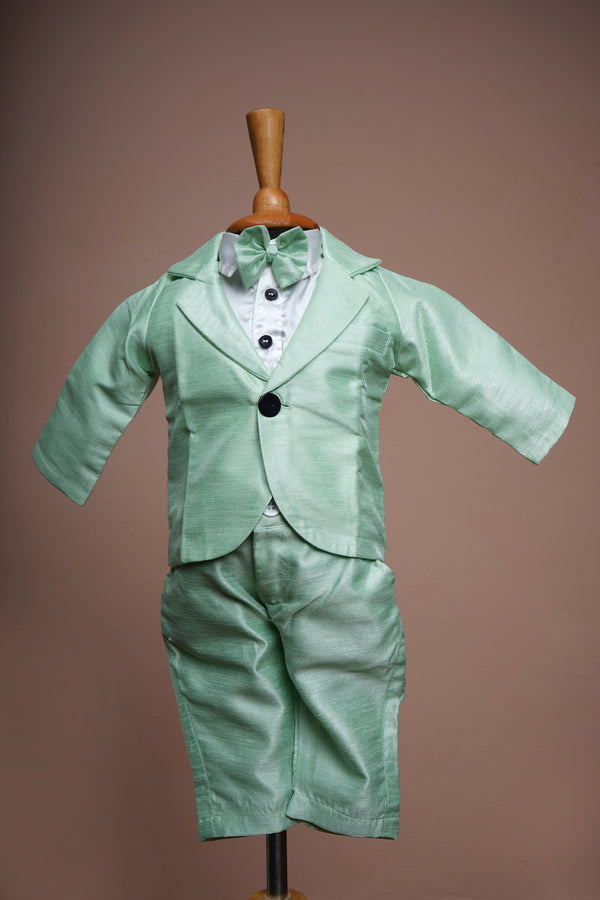 Light Green Rawsilk with White Cotton Shirt Boy kid Birthday Wear