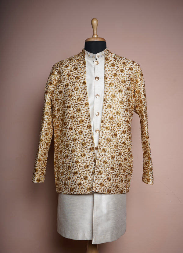 Embroidered Grand Fabric and half white Rawsilk with Buttas Patch work in Mens Suits