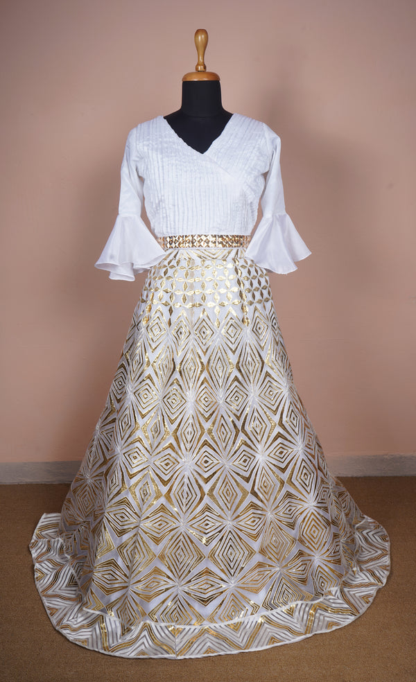 White Satin and Gold Design Kali Fabric Womens Reception Dress