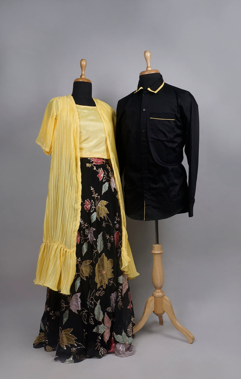 Yellow with Black Bus Theme Embroidred Birthday Couple Combo Matching Set