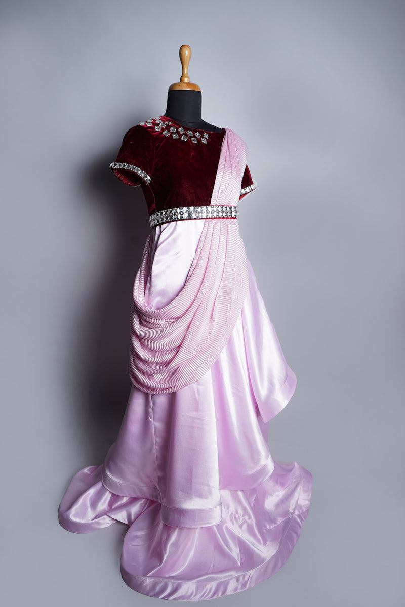 Maroon Velvet and Pink Satin and Foil Pleated with Special Stone work in Womens Reception Wear