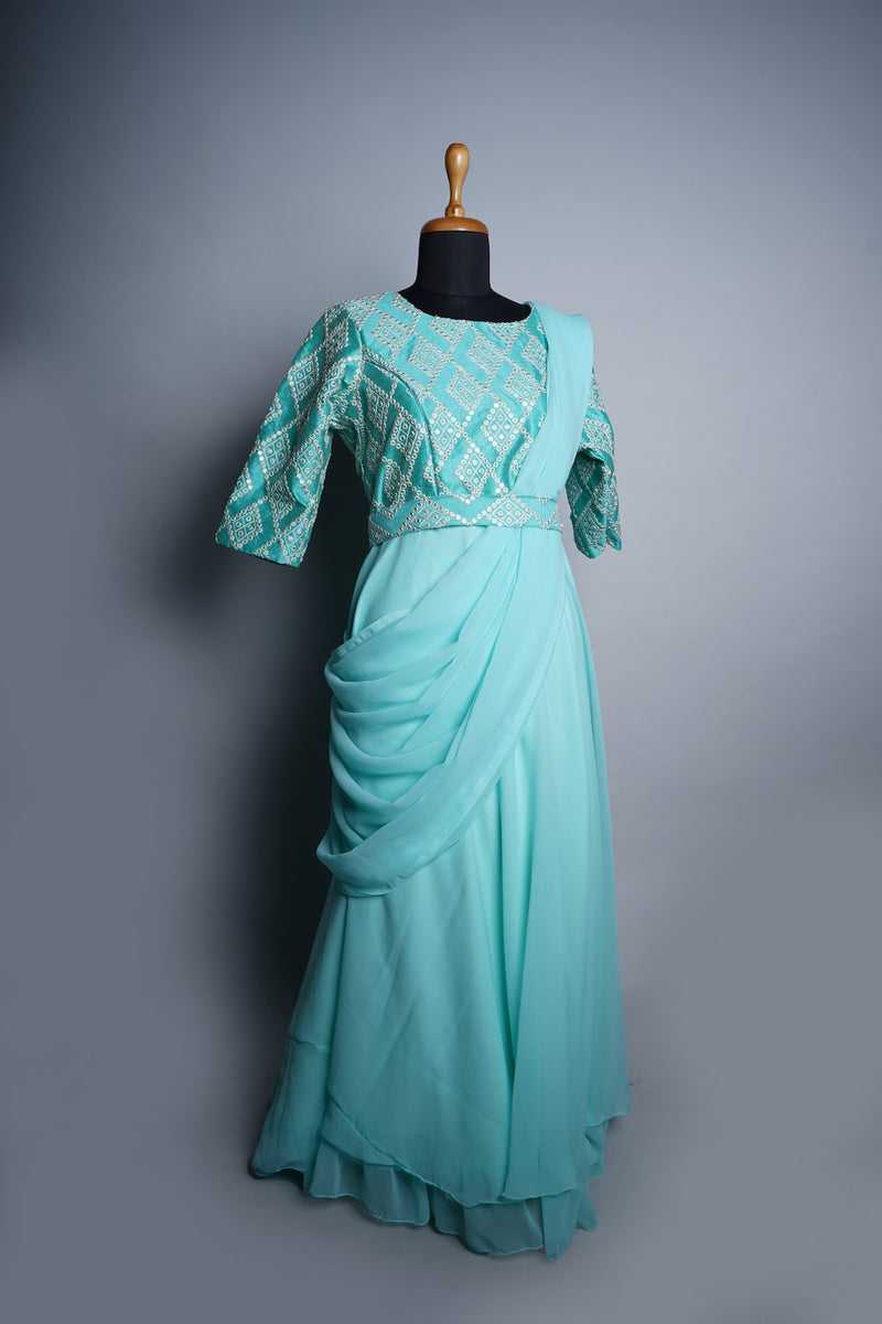 Aqua Green Embroidered and Plain Georgette Women Dress