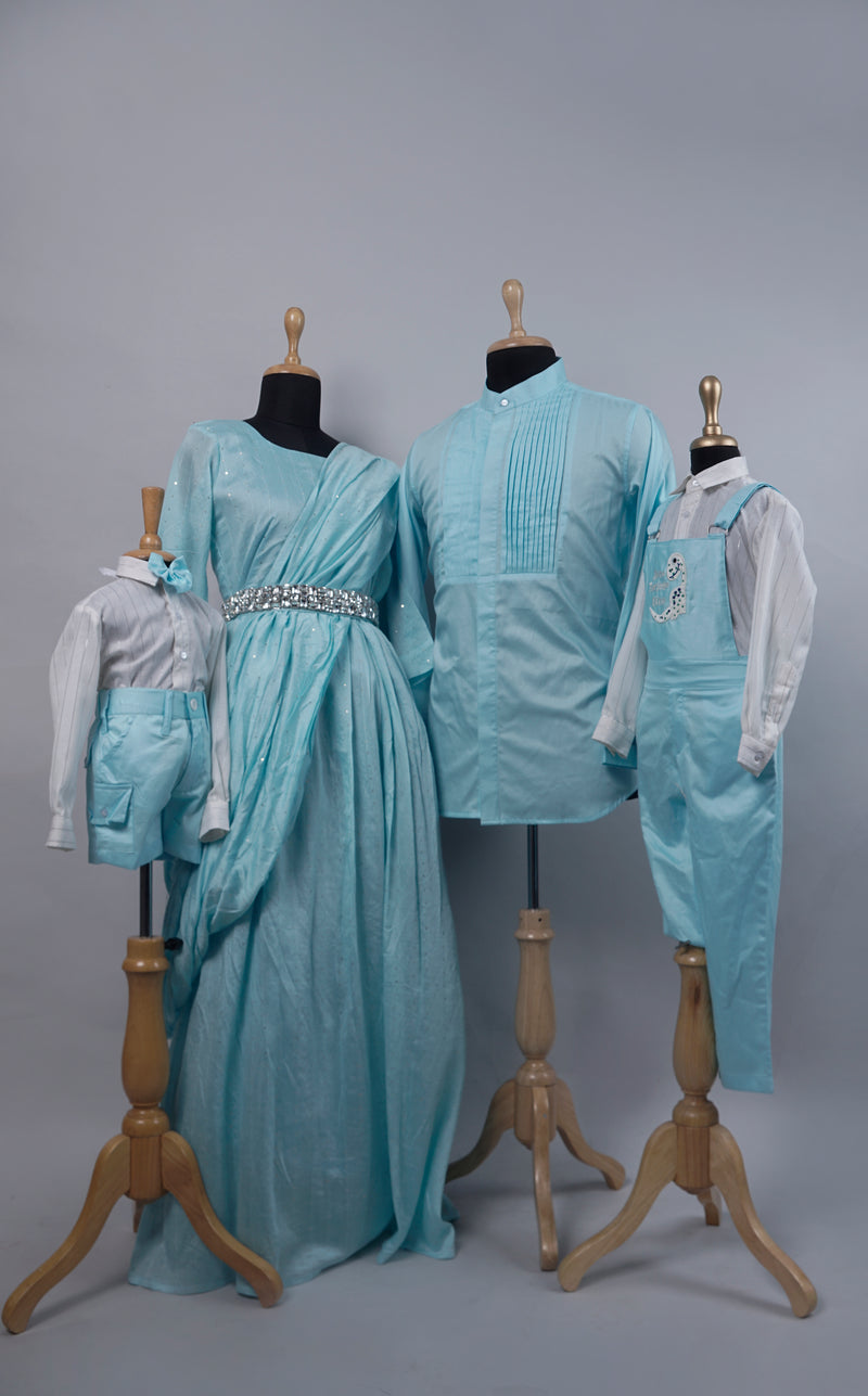 Aqua Blue Family Matching Set Sequin Gown, Kurta Shirt & Suspender Look for Celebrations Anveshana Clothing Aqua Blue Family Matching Set Sequin Gown, Kurta Shirt & Suspender Look for Celebrations Anveshana Clothing