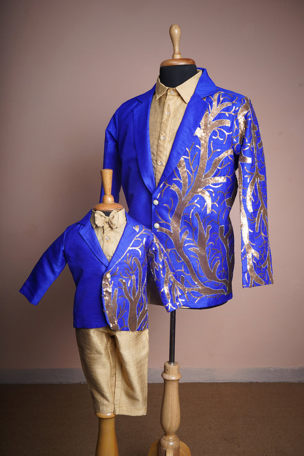 Cobalt Blue and Gold Rawsilk with Special Embroidery work in Dad and Son Combo