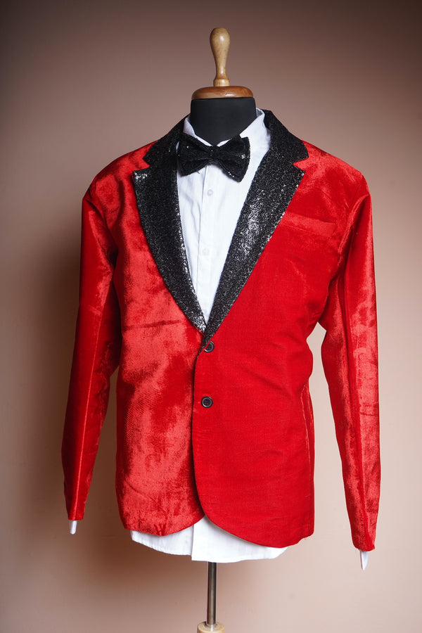 Red Velvet and Plain Sequin Collar Highlight with White Cotton Shirt Mens Suits