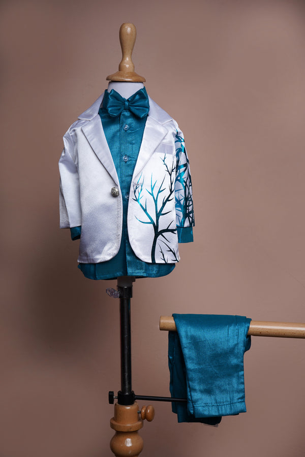 White Satin and Ocean Blue rawsilk with Special Vinayl work in Boy kid First Birthday Suits