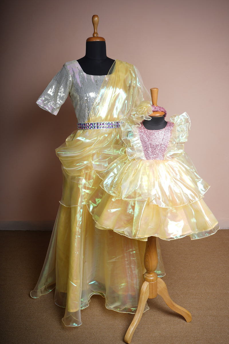 Yellow Silk Orangza and Sequin with Stone Belt In Mom and Daughter Combo